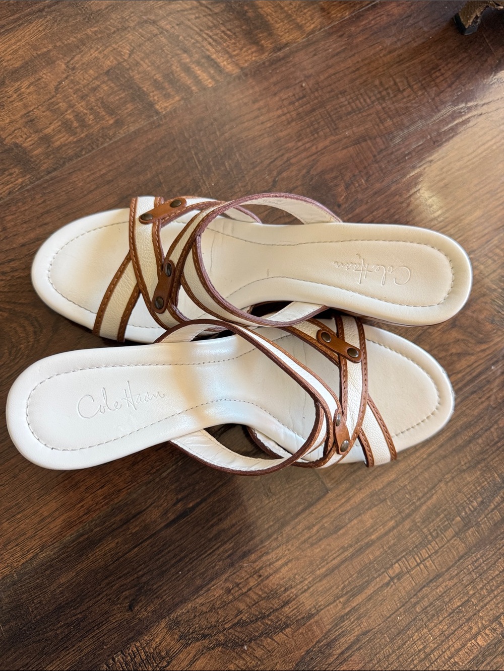 Cole Haan White and Brown Leather Strappy Slide sandals